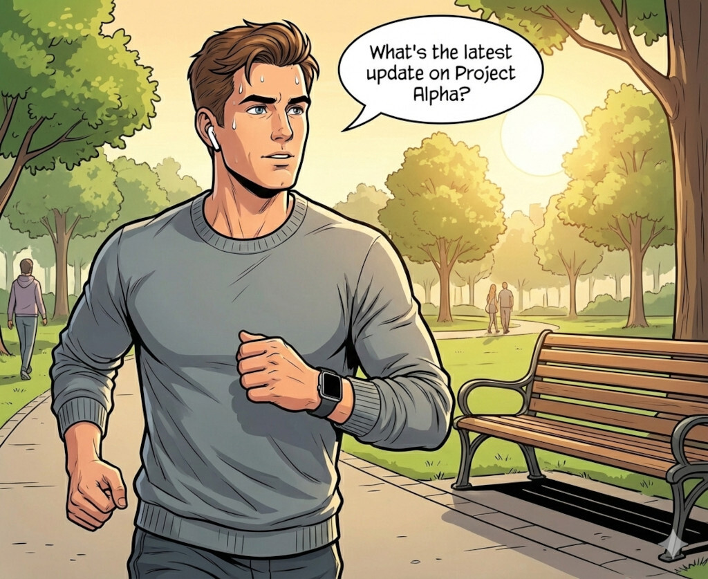 Person walking in park with AirPods and Apple Watch, asking AI for project updates
