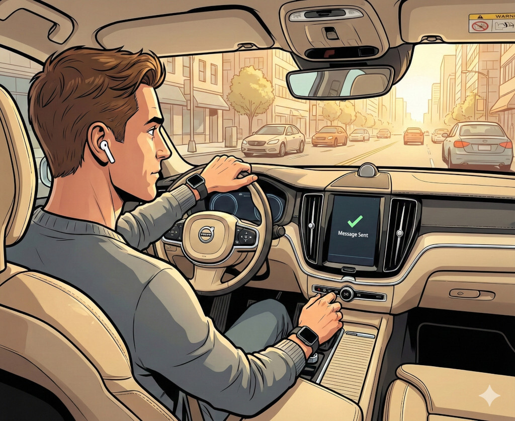 Person driving with Apple Watch visible, delegating tasks hands-free